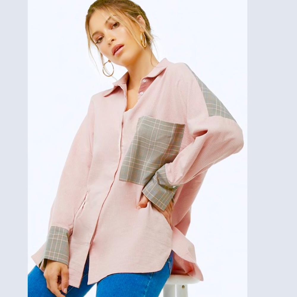 Oversized Button Front Pattern Blocked Shirt